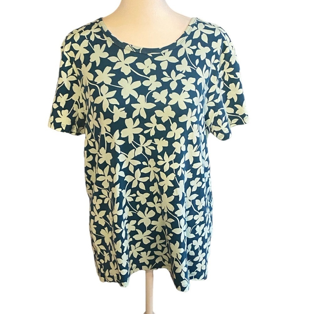 Lands End Floral Blue and Mint Green Women's Short Sleeve Top. Size XL.